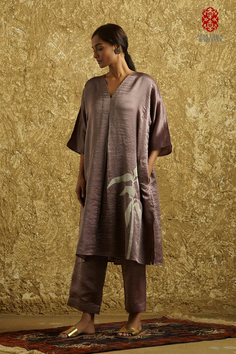 Zuria' kora silver Zari stripes phalsa kora kurta/kurta set by Malika Mathur in phalsa for women Worldwide