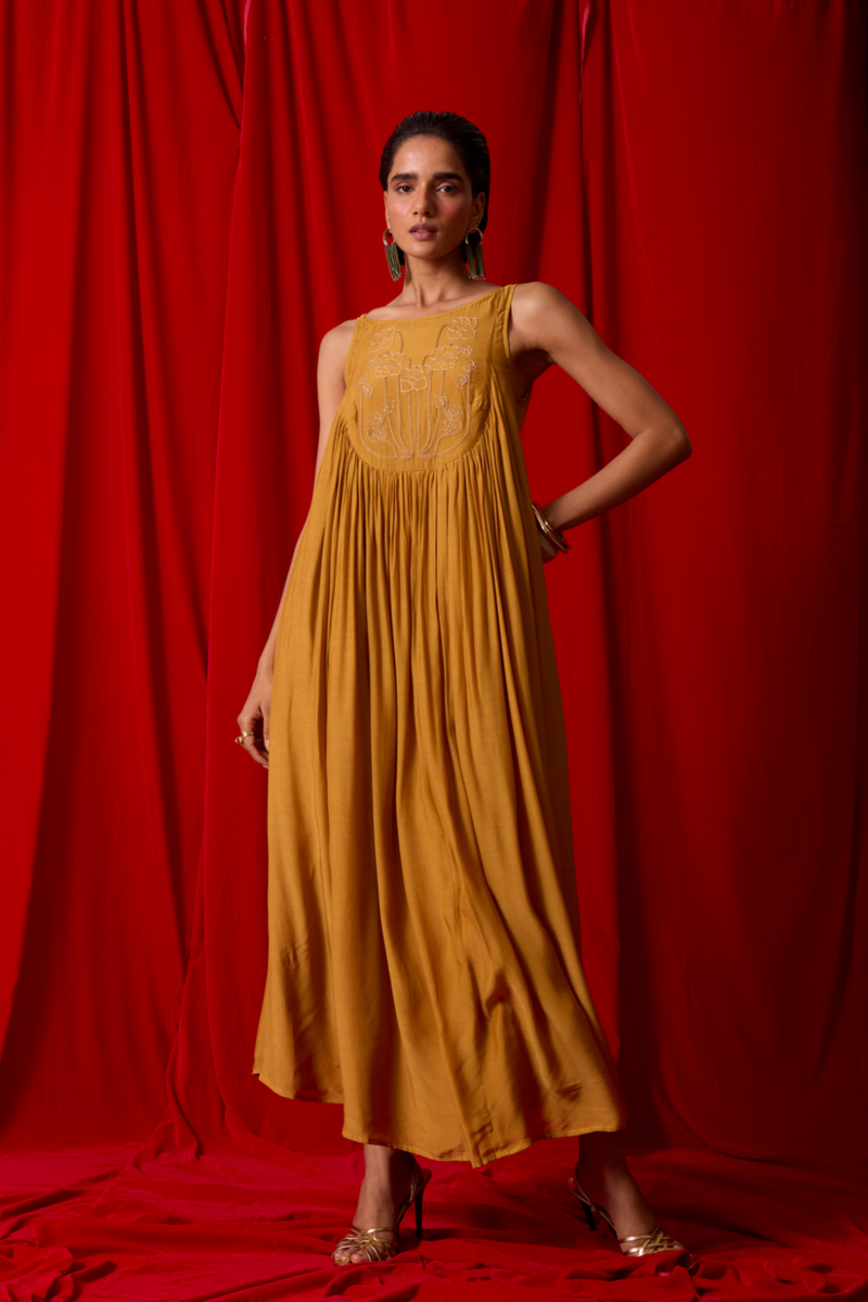 Zvuk Yellow Embroidered Maxi Dress by The Summer House in yellow color for women Worldwide