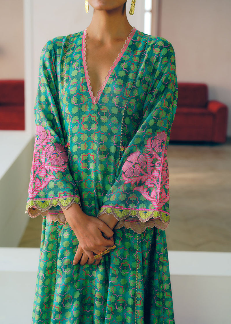 Zyra Green Gultara Printed Side Kali Kurta Set cotton silk, modal satin, tissue organza kurta/kurta set by Rajiramniq in green for women Worldwide