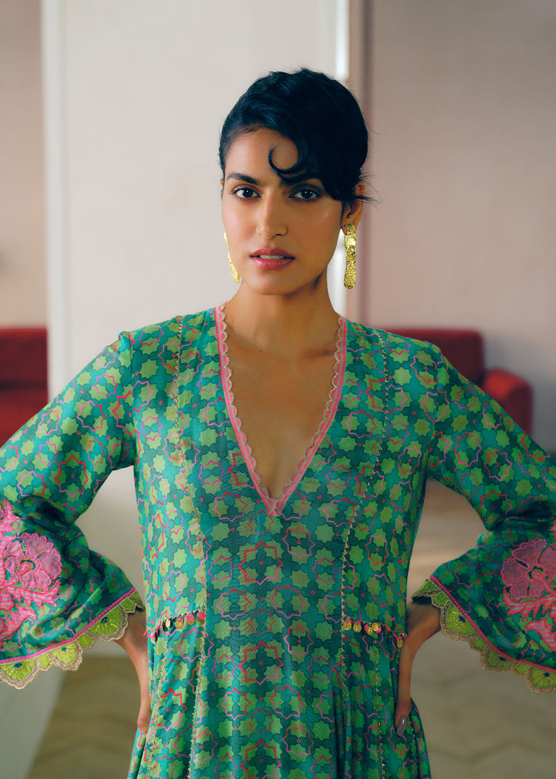 Zyra Green Gultara Printed Side Kali Kurta Set cotton silk, modal satin, tissue organza kurta/kurta set by Rajiramniq in green for women Worldwide