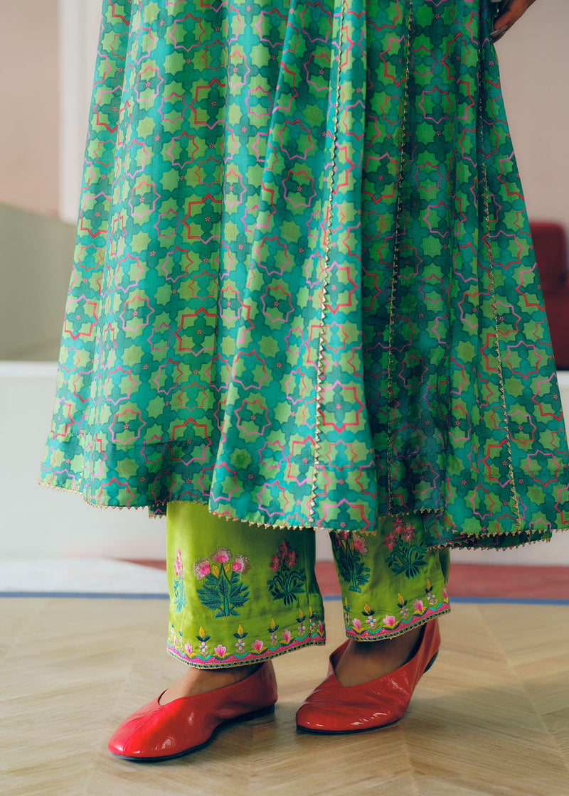 Zyra Green Gultara Printed Side Kali Kurta Set cotton silk, modal satin, tissue organza kurta/kurta set by Rajiramniq in green for women Worldwide