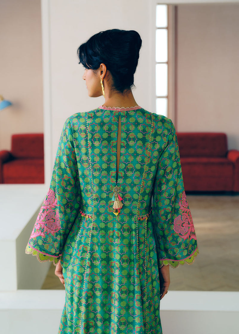 Zyra Green Gultara Printed Side Kali Kurta Set cotton silk, modal satin, tissue organza kurta/kurta set by Rajiramniq in green for women Worldwide
