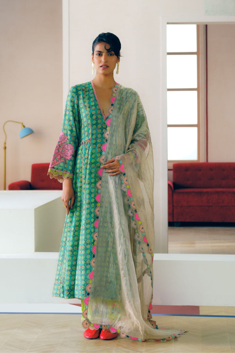Zyra Green Gultara Printed Side Kali Kurta Set cotton silk, modal satin, tissue organza kurta/kurta set by Rajiramniq in green for women Worldwide