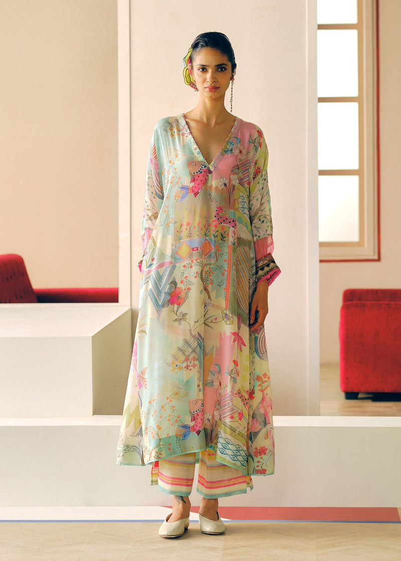 Zyra Ivory Gulrang Kaftan Kurta Set crepe kurta/kurta set by Rajiramniq in ivory for women Worldwide