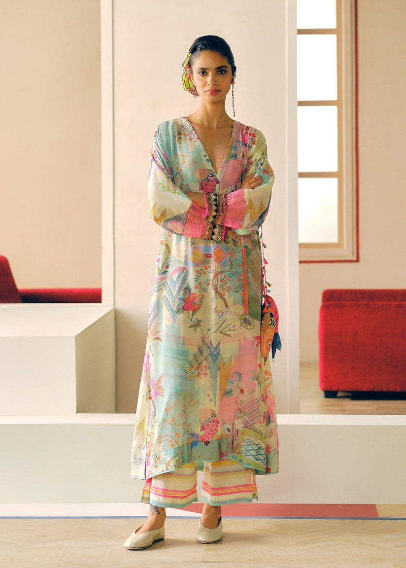 Zyra Ivory Gulrang Kaftan Kurta Set crepe kurta/kurta set by Rajiramniq in ivory for women Worldwide