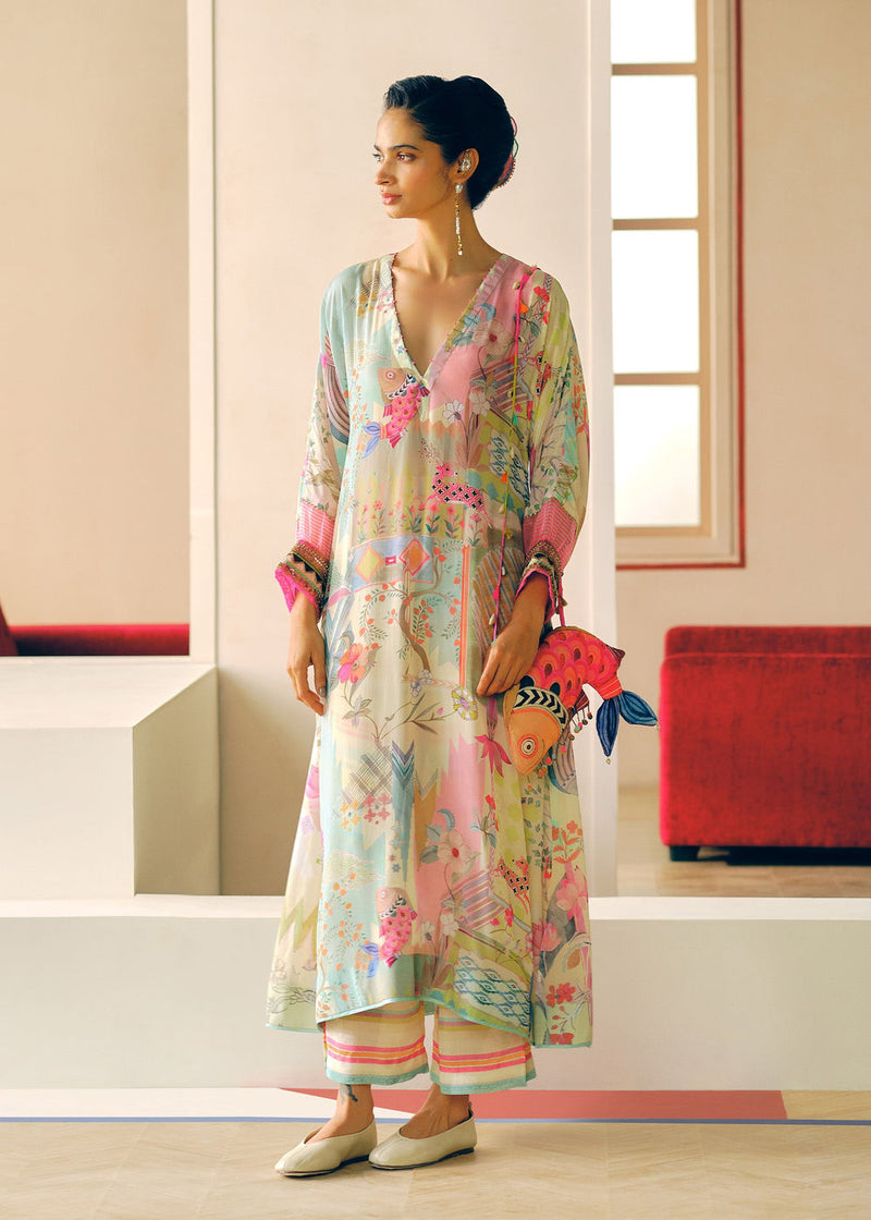 Zyra Ivory Gulrang Kaftan Kurta Set crepe kurta/kurta set by Rajiramniq in ivory for women Worldwide