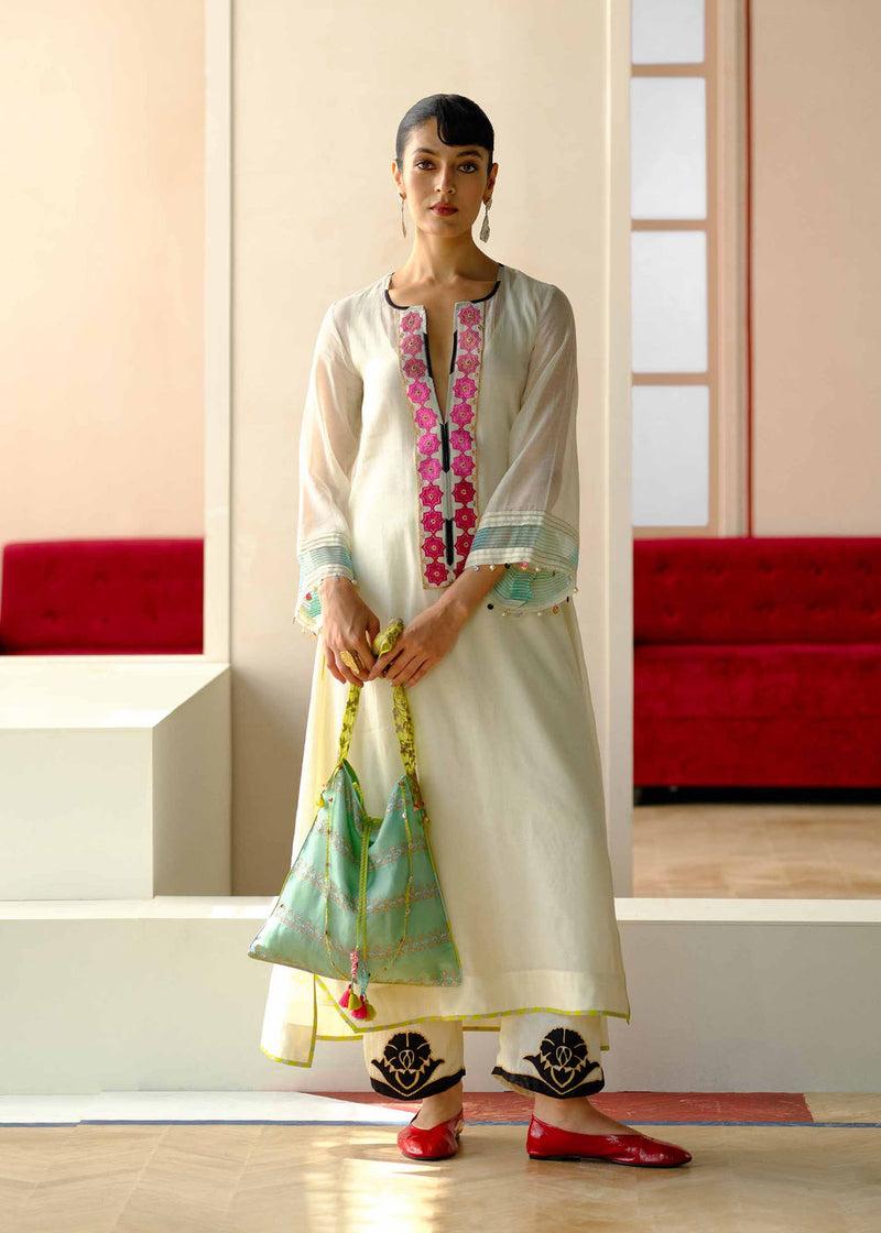 Zyra Ivory Gultara Kurta Set chanderi, organic cotton kurta/kurta set by Rajiramniq in ivory, multi-color for women Worldwide