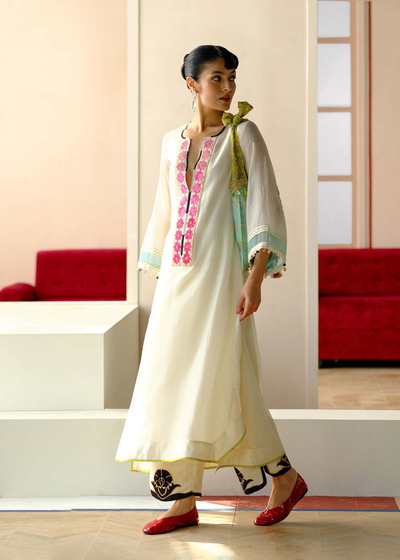Zyra Ivory Gultara Kurta Set chanderi, organic cotton kurta/kurta set by Rajiramniq in ivory, multi-color for women Worldwide
