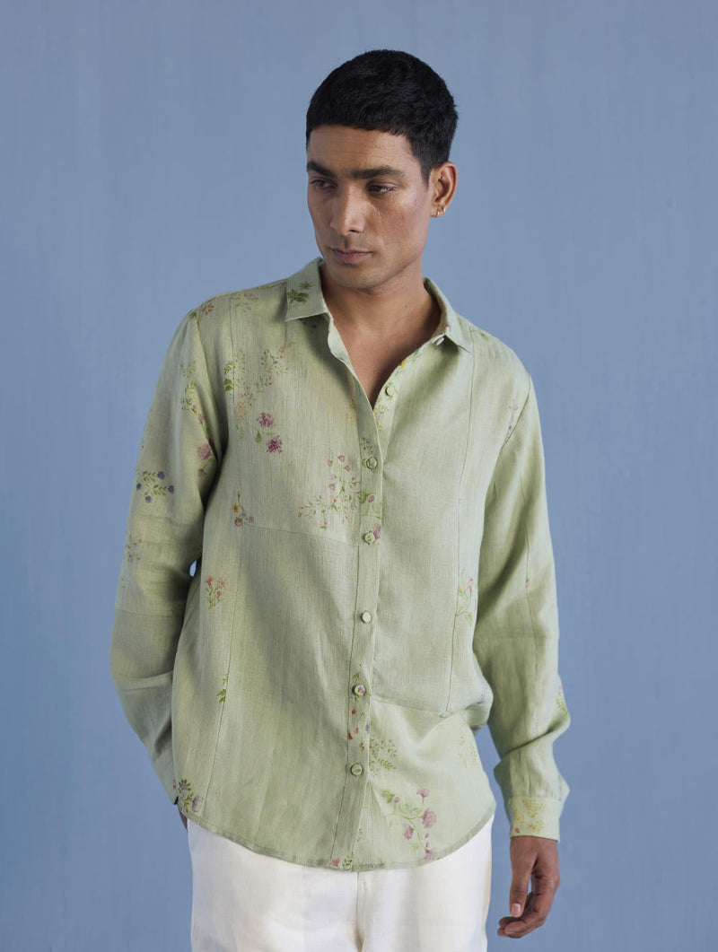 Gin Patchwork Floral Linen Shirt - Mint