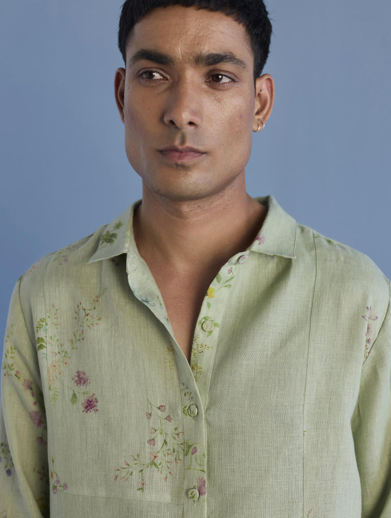 Gin Patchwork Floral Linen Shirt - Mint