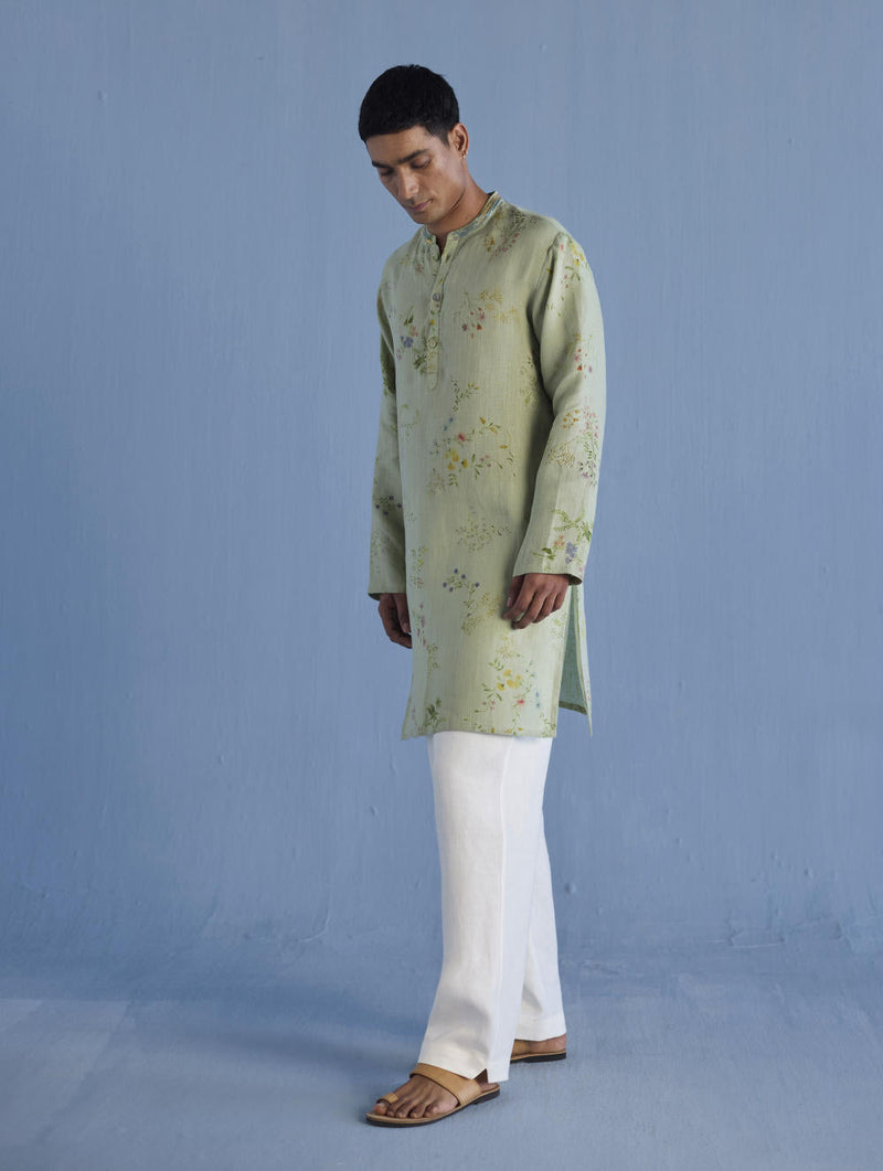 Ahan Floral Printed Kurta with Embroidered Collar - Mint