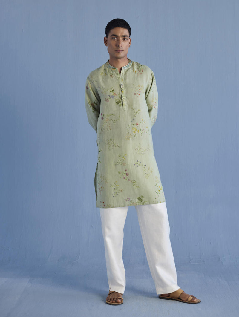 Ahan Floral Printed Kurta with Embroidered Collar - Mint