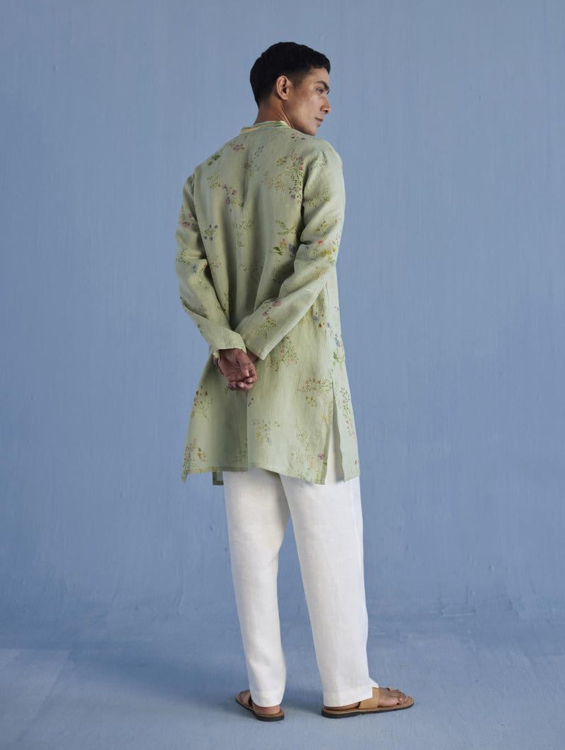 Ahan Floral Printed Kurta with Embroidered Collar - Mint