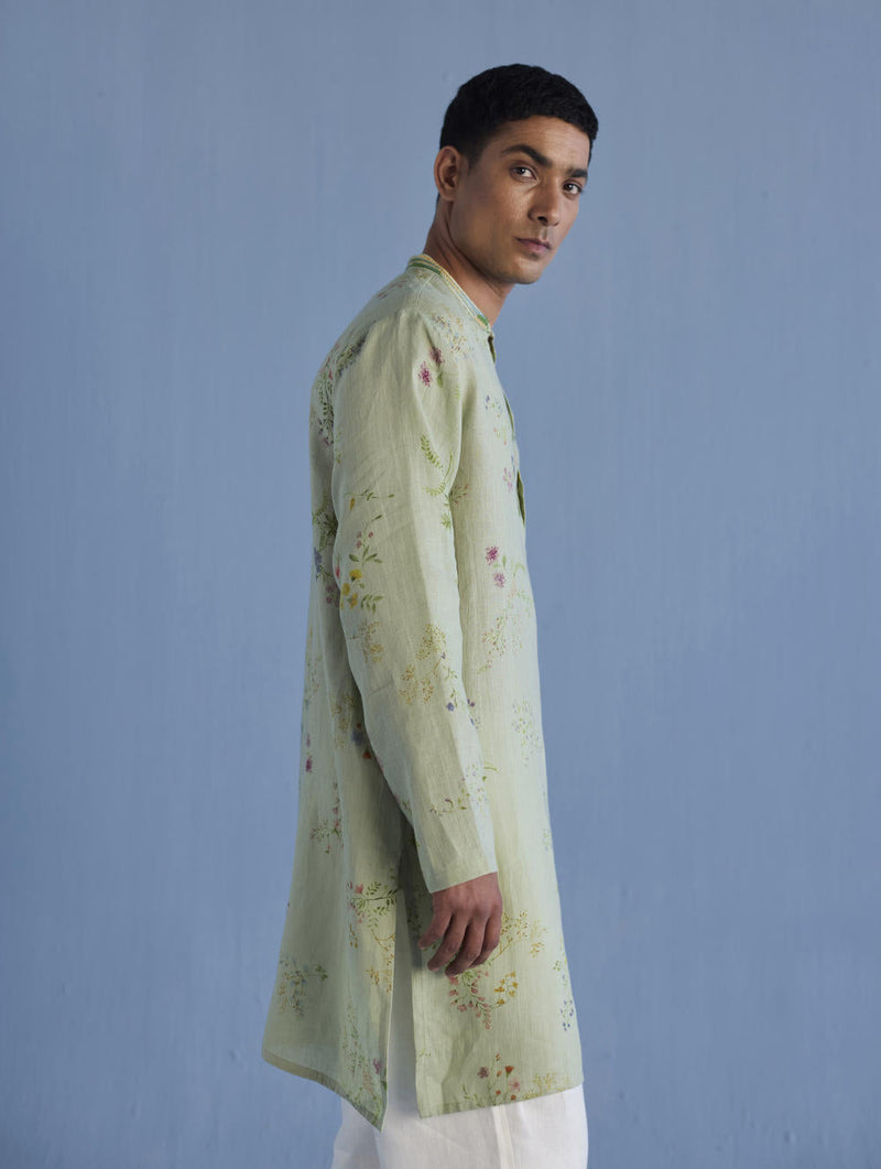 Ahan Floral Printed Kurta with Embroidered Collar - Mint