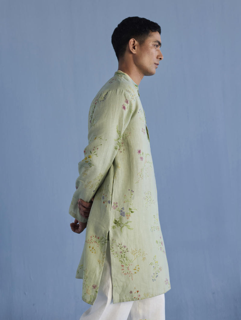 Ahan Floral Printed Kurta with Embroidered Collar - Mint