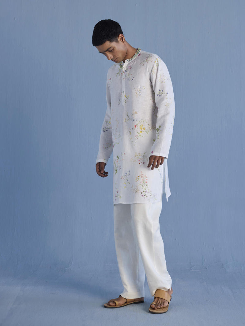 Ahan Floral Printed Kurta with Embroidered Collar - White