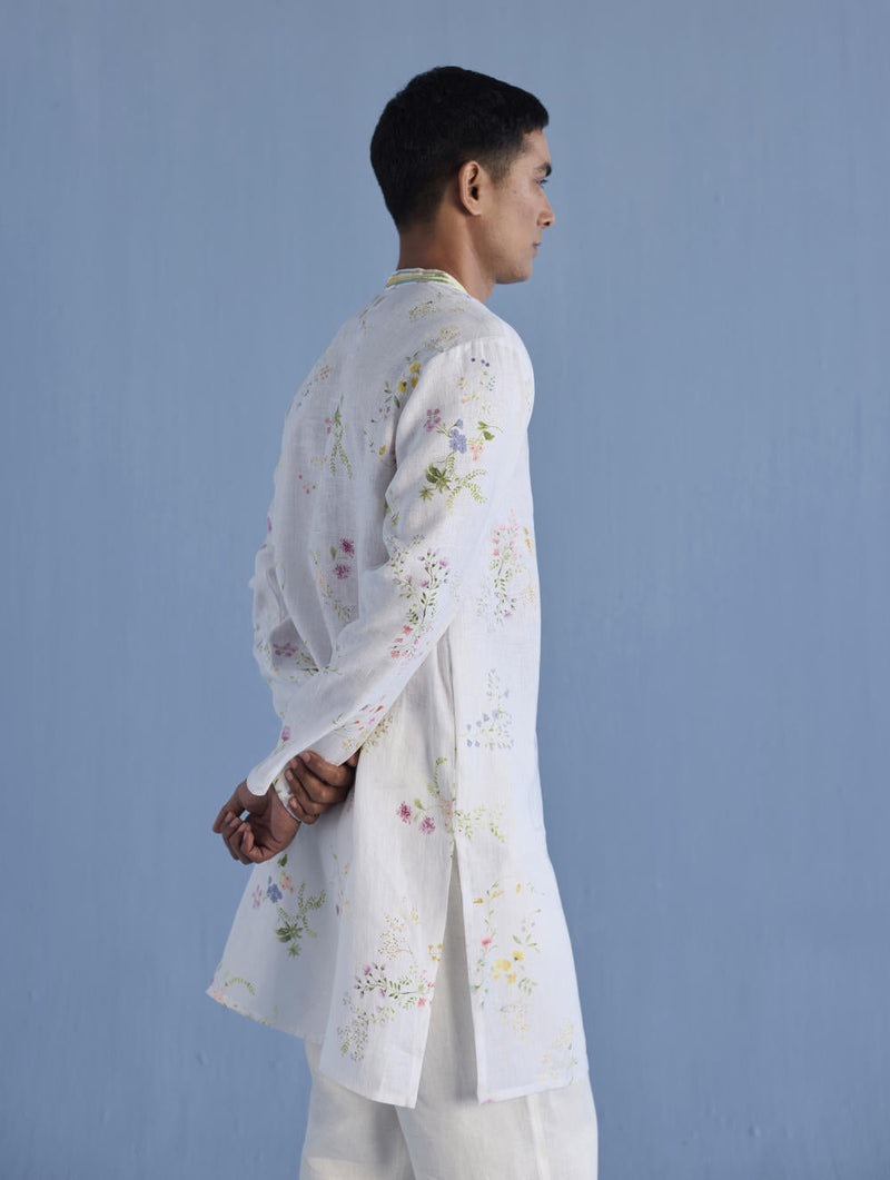 Ahan Floral Printed Kurta with Embroidered Collar - White