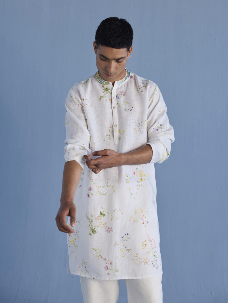 Ahan Floral Printed Kurta with Embroidered Collar - White