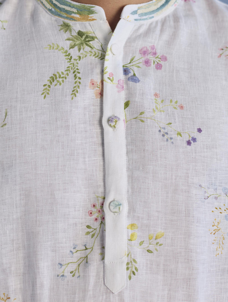 Ahan Floral Printed Kurta with Embroidered Collar - White