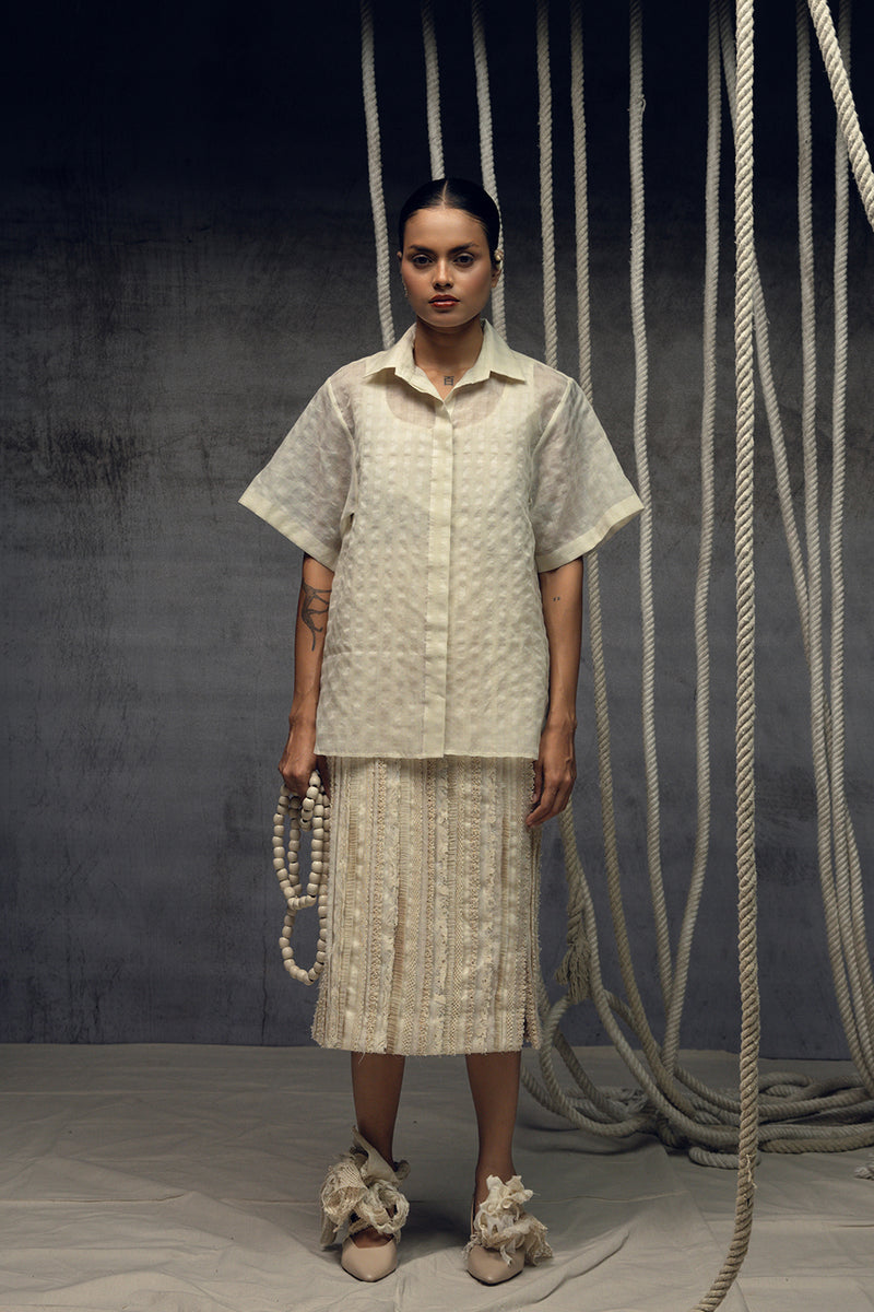 Ivorykhadi Silk Checkered Shirt khadi silk top/shirt by Kritika Murarka in ivory for women Worldwide