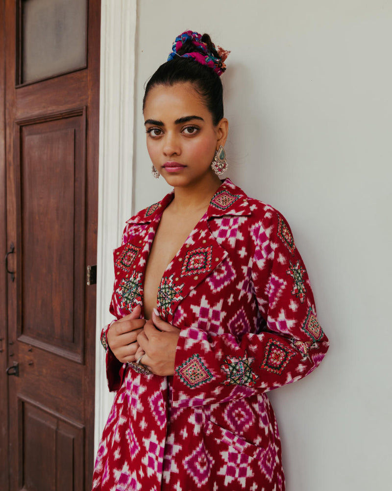 Ahilya Ikat Trench Kurta Set silk Indo-Western Wear,Kurta Sets by JodiLife for women Worldwide