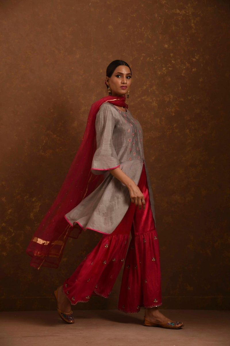 Alfaaz Grey-Pink Kurta Set with Gharara by Priti Prashant for women Worldwide