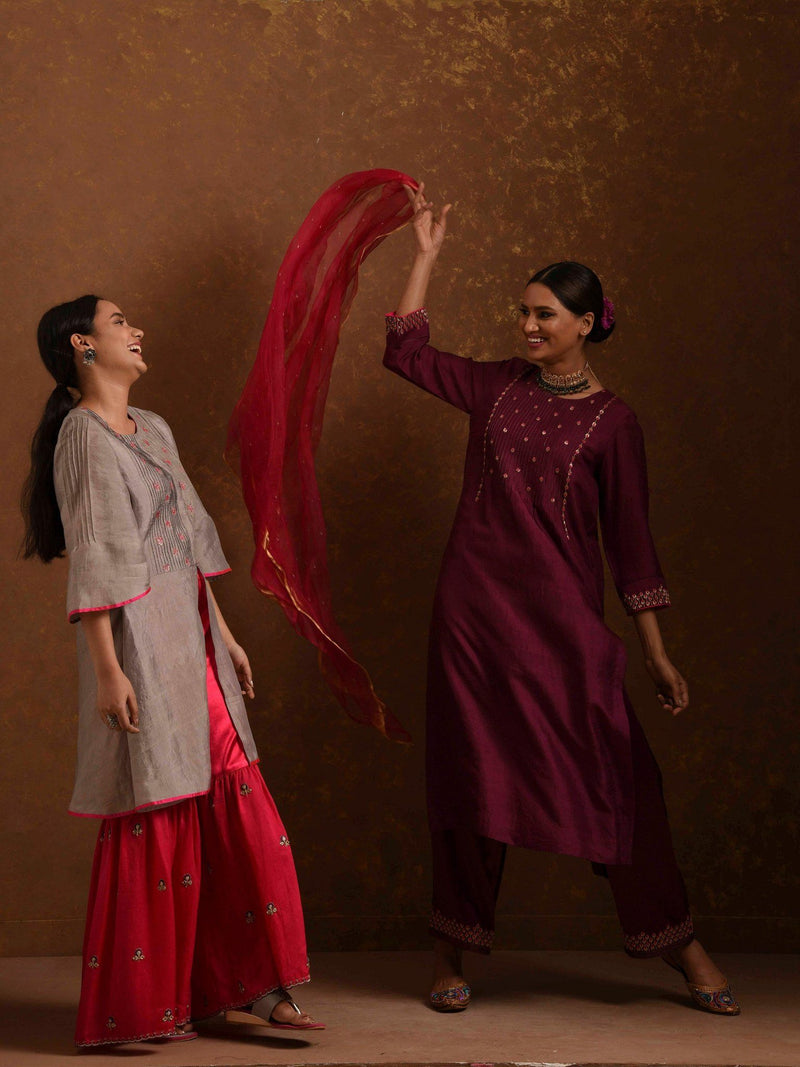Alfaaz Grey-Pink Kurta Set with Gharara by Priti Prashant for women Worldwide