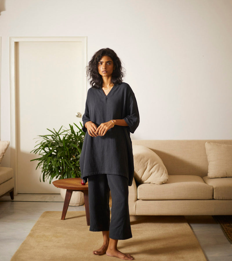 Ash Co-ord Set Co-ord Set,Lounge Wear by Khara Kapas in black for women Worldwide