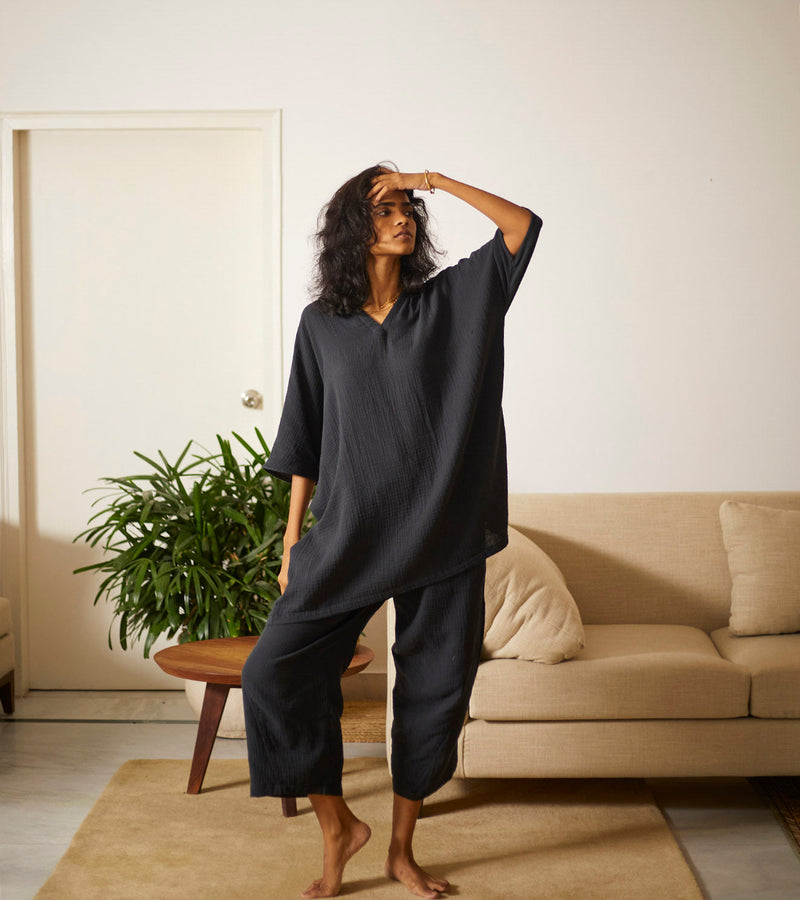 Ash Co-ord Set Co-ord Set,Lounge Wear by Khara Kapas in black for women Worldwide