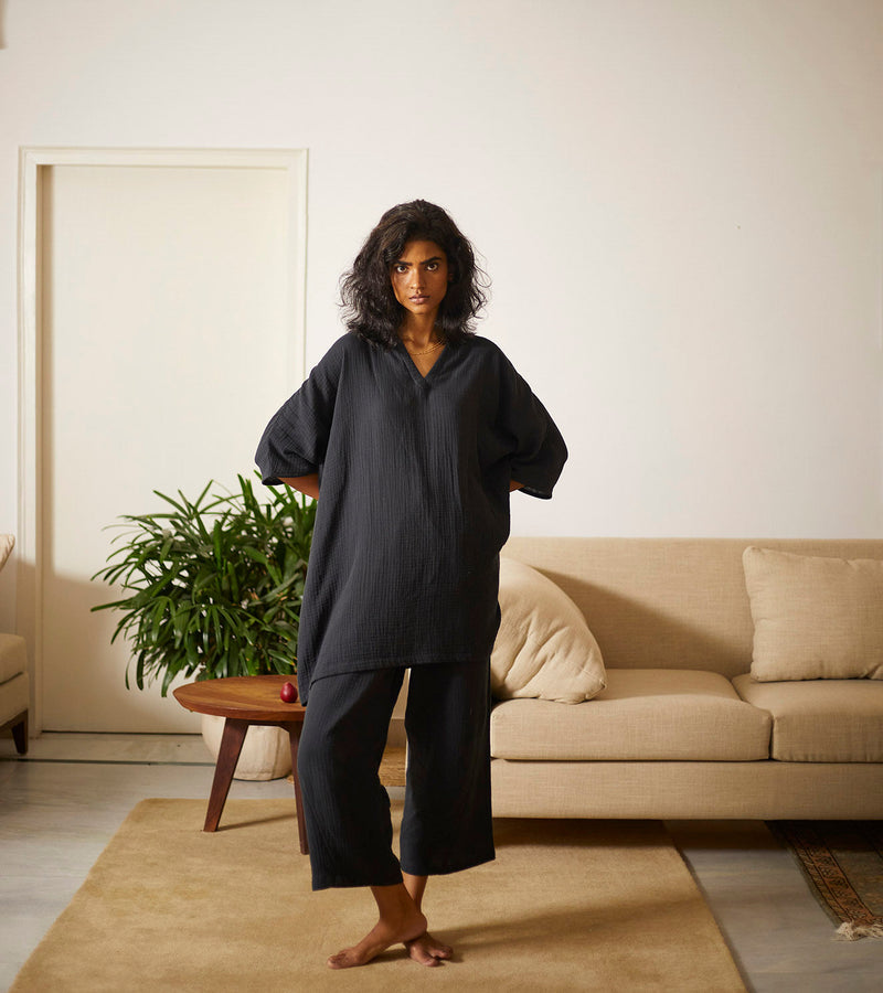 Ash Co-ord Set Co-ord Set,Lounge Wear by Khara Kapas in black for women Worldwide