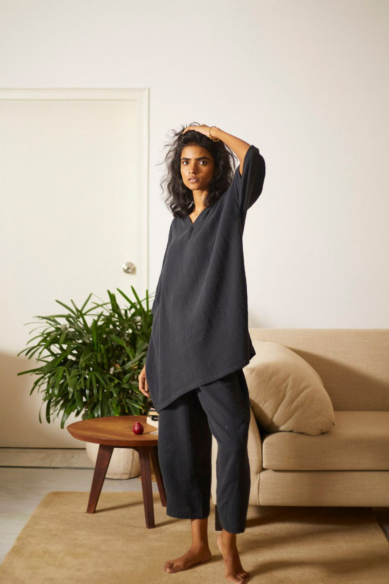 Ash Co-ord Set Co-ord Set,Lounge Wear by Khara Kapas in black for women Worldwide