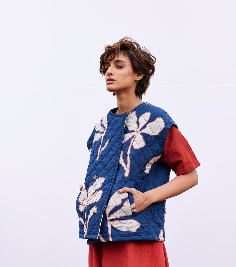 Aster vest jacket cotton by Khara Kapas in blue for women Worldwide