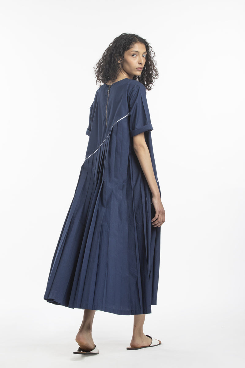 ASYMMETRIC PLEAT DRESS-NAVY by THREE for women Worldwide