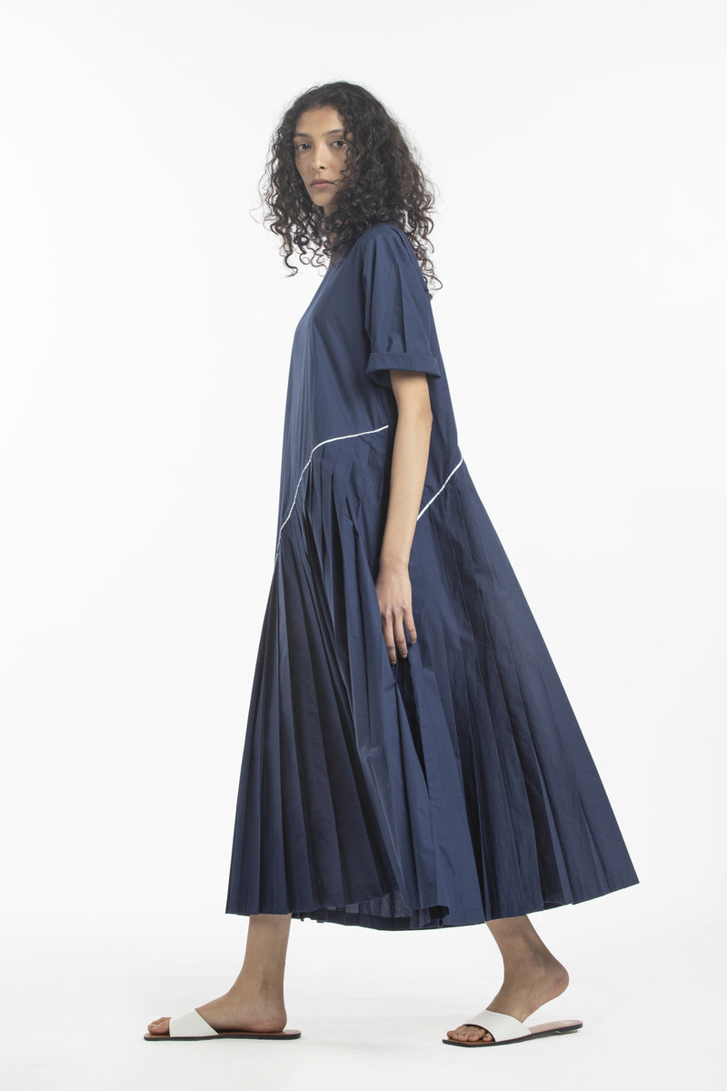 ASYMMETRIC PLEAT DRESS-NAVY by THREE for women Worldwide