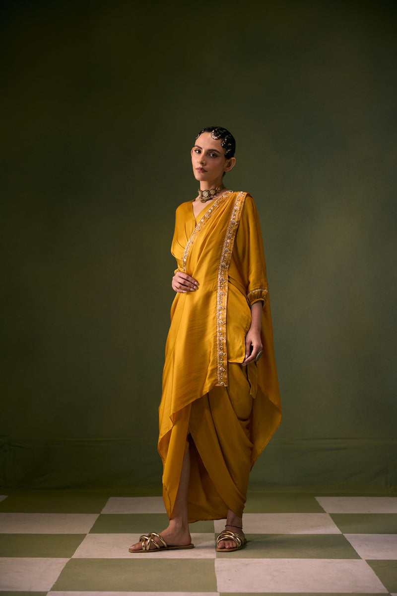 Moro Toga Drape Dress vegan satin, organza satin sarees by PRAHNAAYA in musturd yellow for women Worldwide