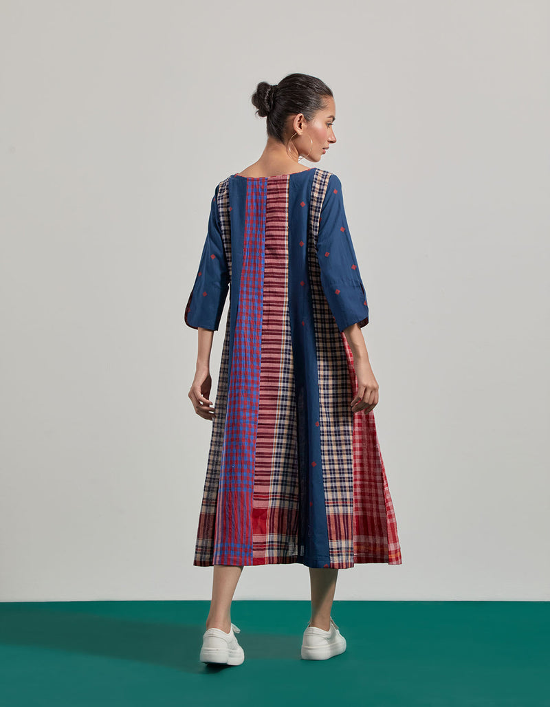 Deep Sea 16 Panelled Dress cotton,gamcha dress by 145 East in blue for women Worldwide
