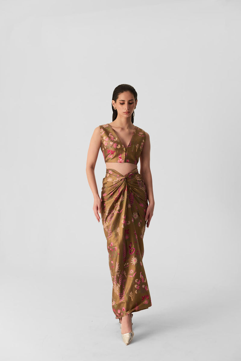 BAHAR PINK SKIRT & TOP SET silk by Yam in multi color for women Worldwide