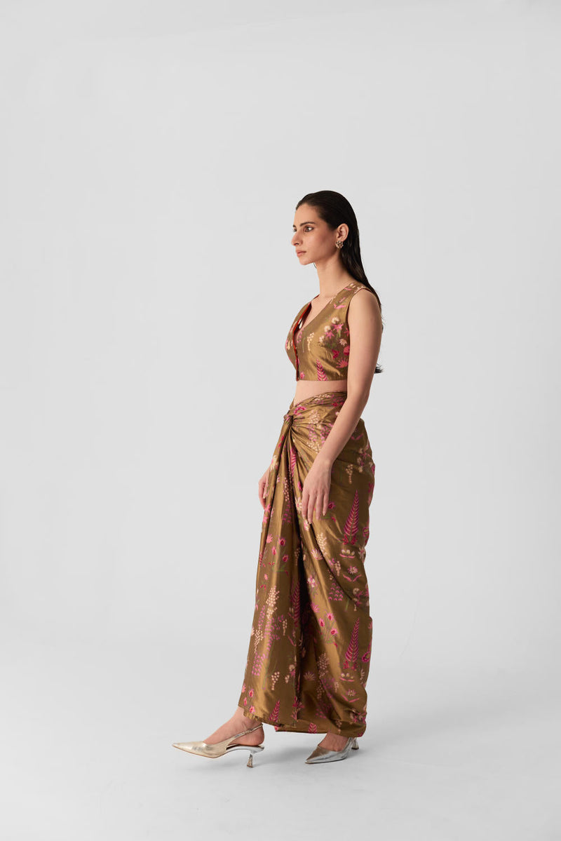 BAHAR PINK SKIRT & TOP SET silk by Yam in multi color for women Worldwide
