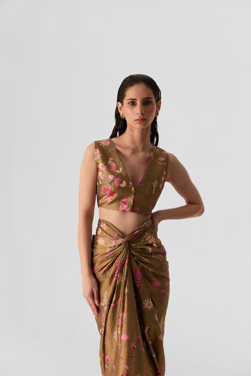 BAHAR PINK SKIRT & TOP SET silk by Yam in multi color for women Worldwide