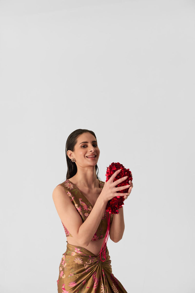 BAHAR PINK SKIRT & TOP SET silk by Yam in multi color for women Worldwide