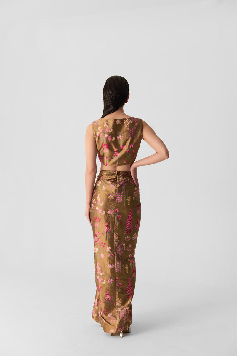 BAHAR PINK SKIRT & TOP SET silk by Yam in multi color for women Worldwide