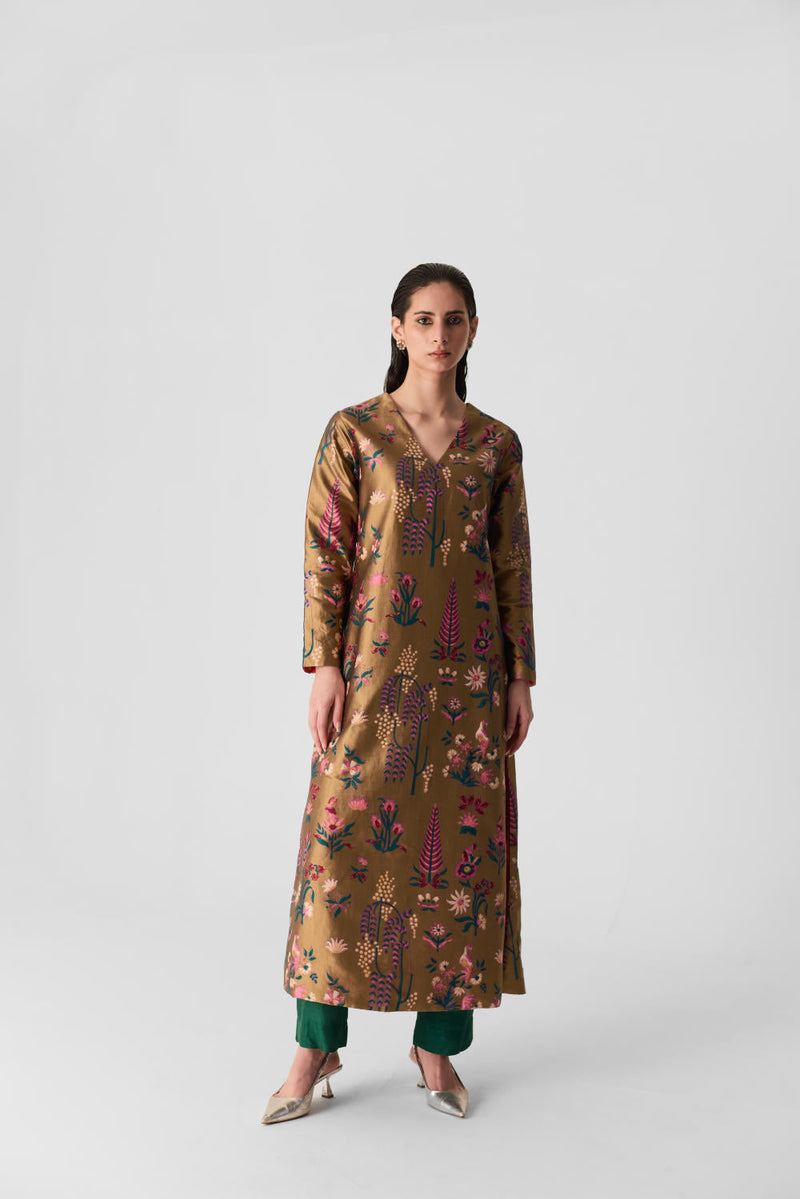 BAHAR V NECK KURTA SET silk by Yam in multi color for women Worldwide