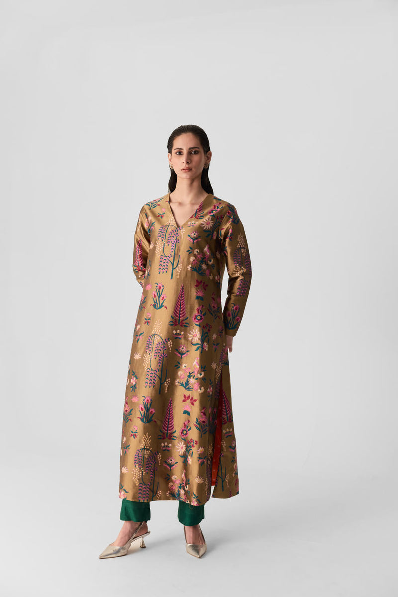 BAHAR V NECK KURTA SET silk by Yam in multi color for women Worldwide