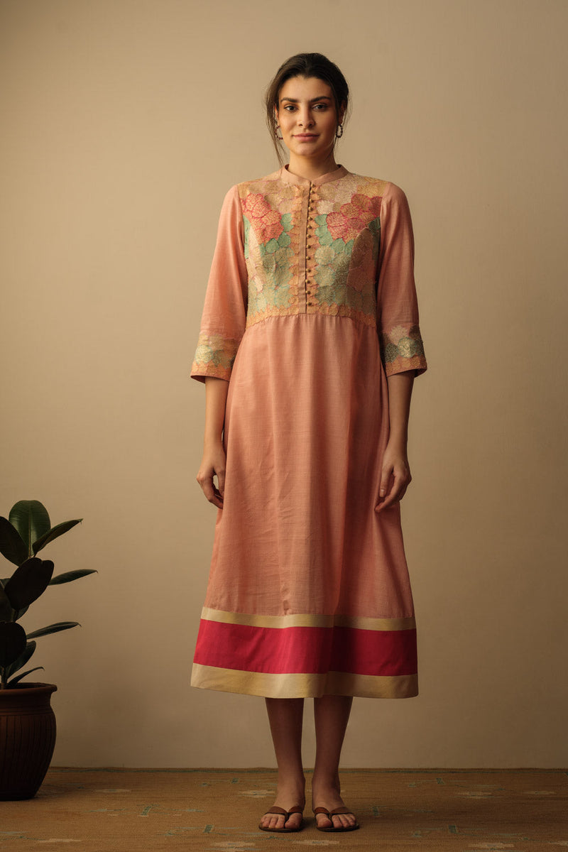 Banaras Bloom A-line Applique Dress Peach Top & Tunics,Dress by Mallika Mathur for women Worldwide
