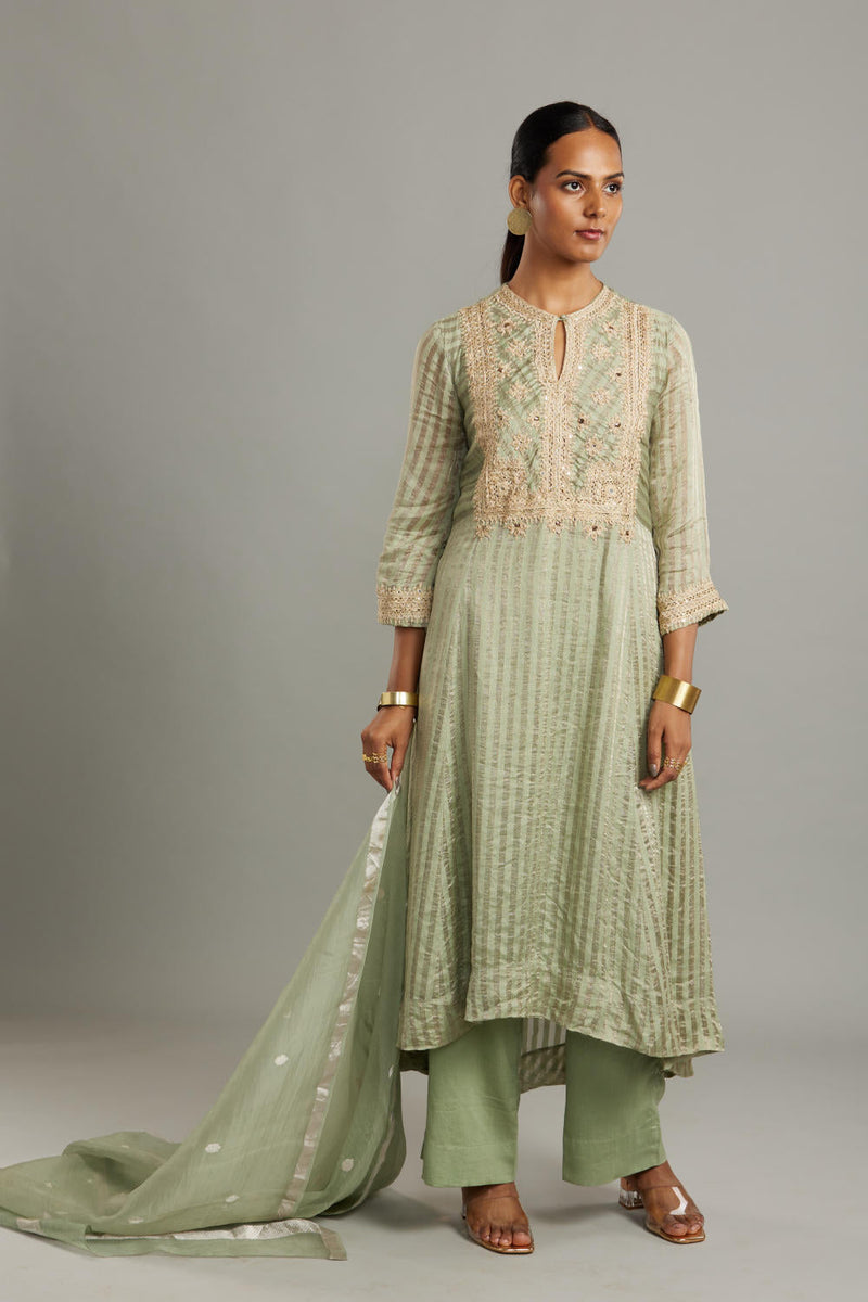 Banarsi stripe kathiawadi embroidered square yoke kurta with Solid pants and butti dupatta Kurta Sets by Myoho for women Worldwide