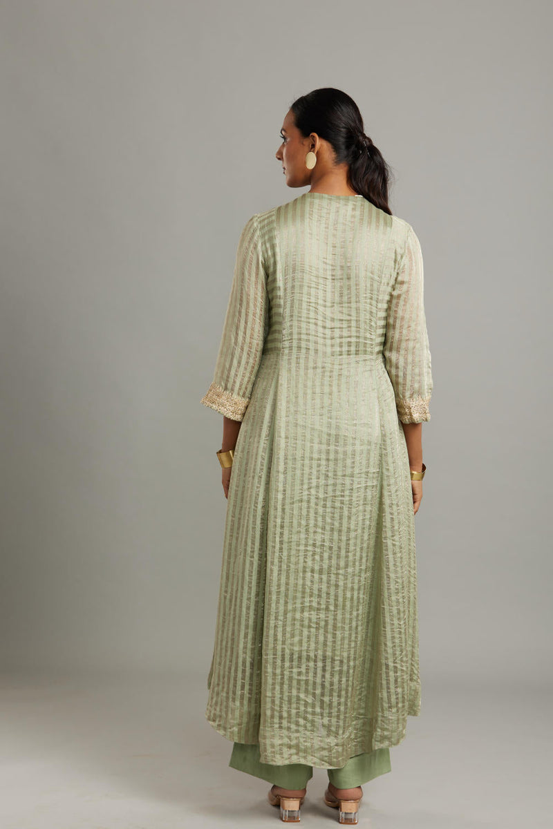 Banarsi stripe kathiawadi embroidered square yoke kurta with Solid pants and butti dupatta Kurta Sets by Myoho for women Worldwide