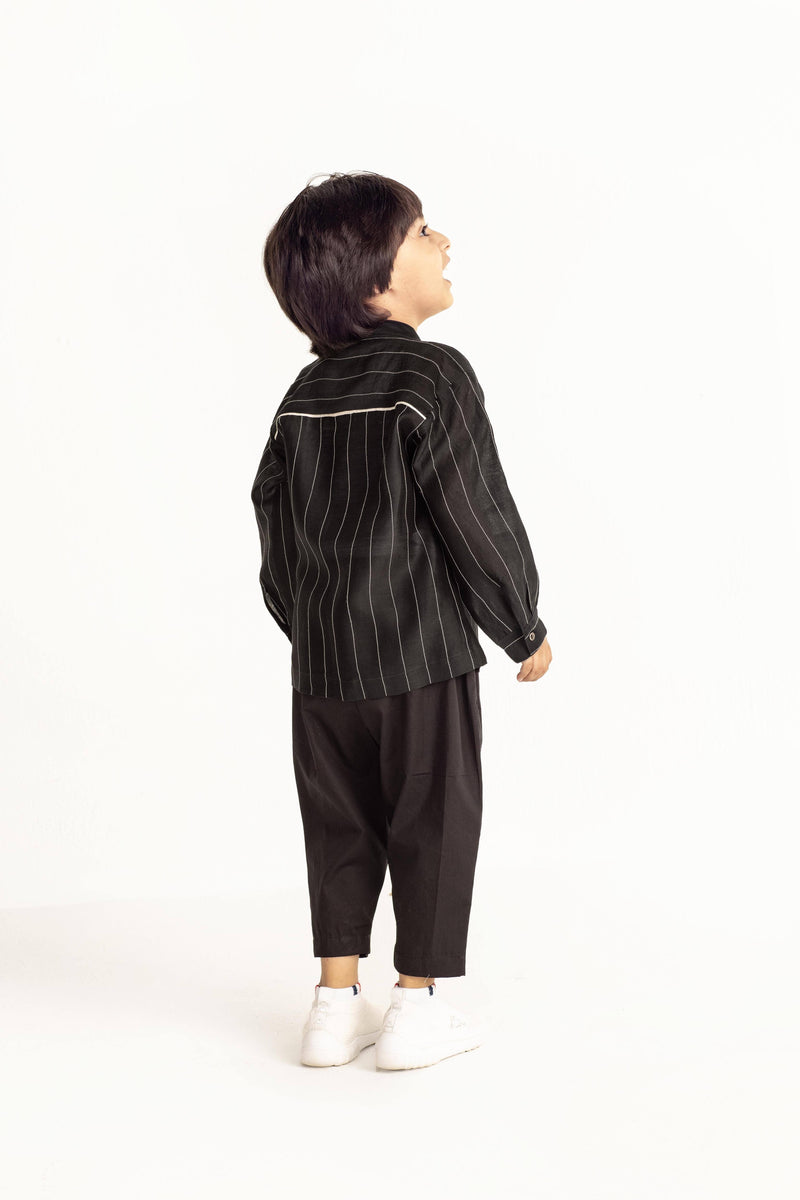 Band Collar Chanderi Shirt Co-ord- Black Kids THREE Kids 