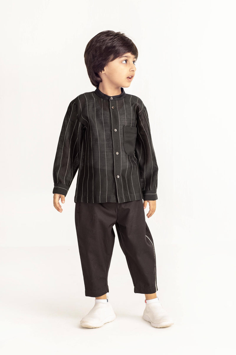 Band Collar Chanderi Shirt Co-ord- Black Kids THREE Kids 
