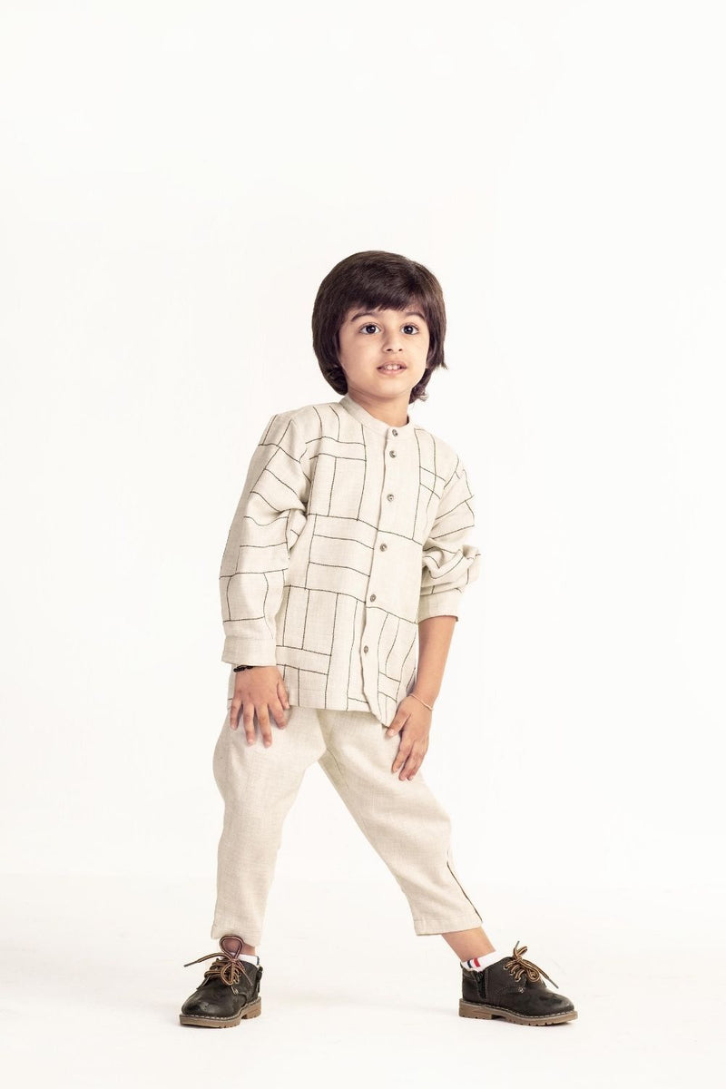 Band Collar Shirt- Beige Kids THREE Kids 