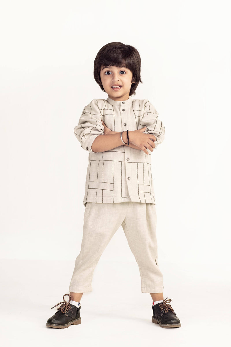 Band Collar Shirt- Beige Kids THREE Kids 